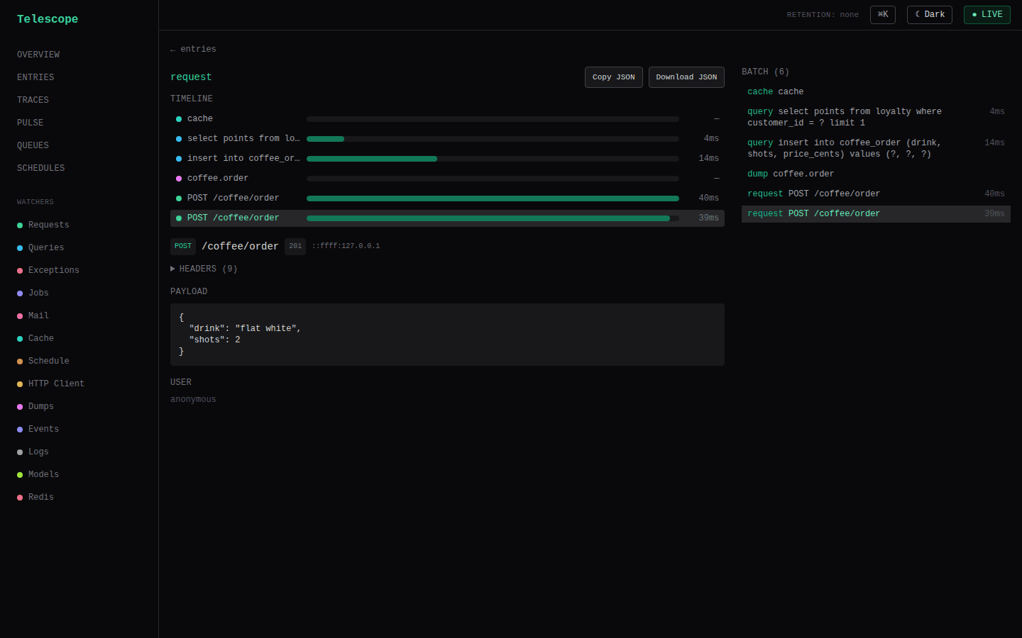 Request detail: the batch timeline waterfall on the left, the correlated batch panel on the right, plus the request headers and JSON payload